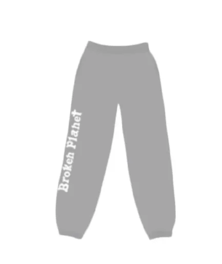 Grey sweatpants with a Broken Planet Market design.