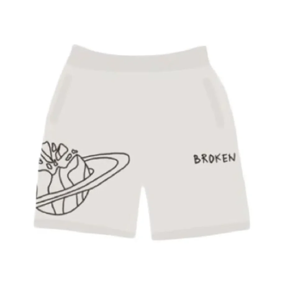 White shorts with a unique outer space pattern from Broken Planet Market