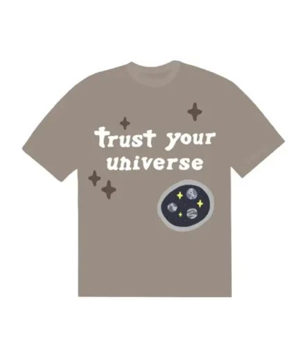 Sand-colored Broken Planet Market T-shirt featuring 'Trust Your Universe' print